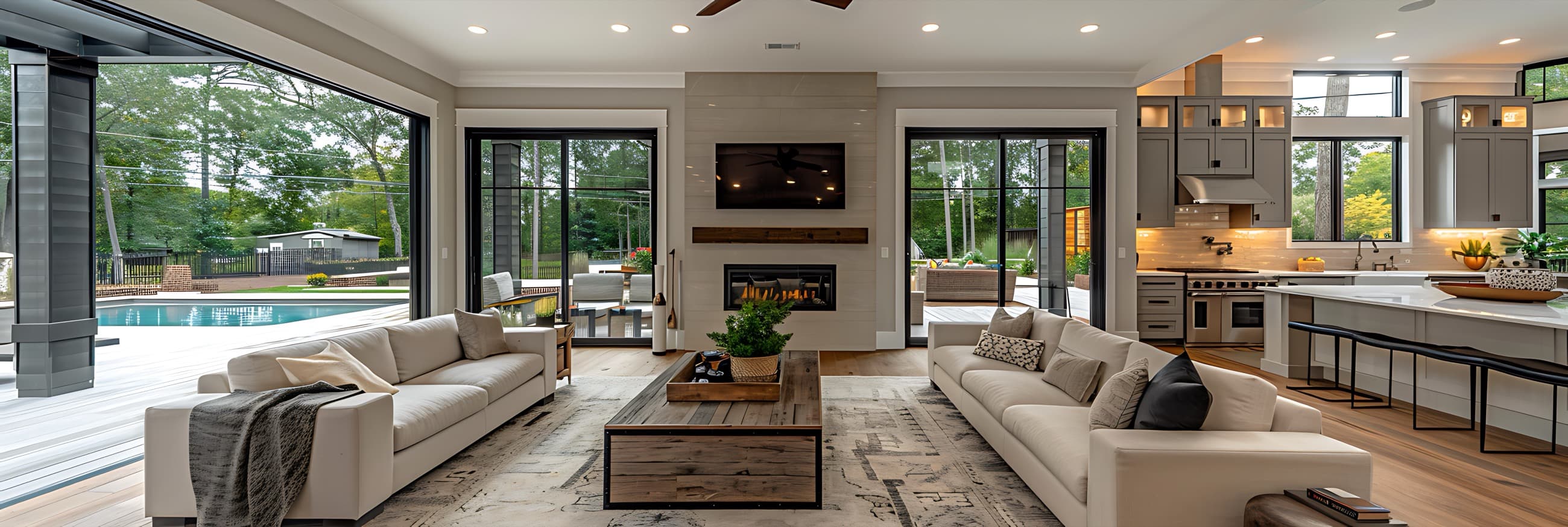 Modern open-concept living room staged for a real estate listing